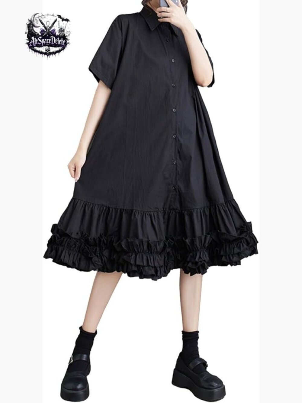 Oversize Button Down Shirt Dress with Ruffle Hem, Short Sleeve Casual